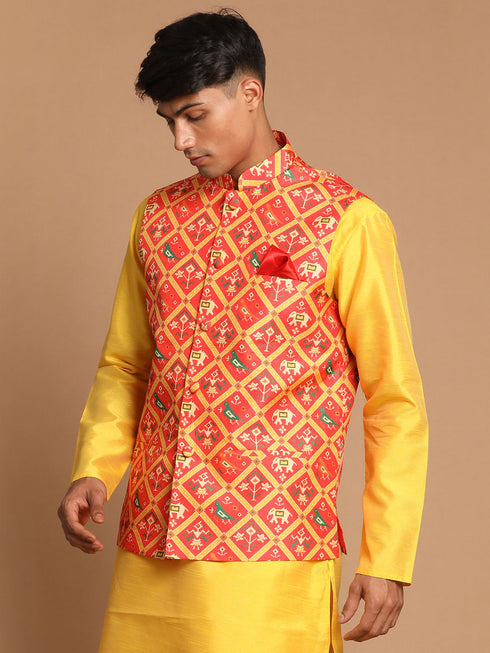 Men's Red Patola Print Nehru Jacket